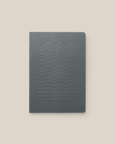 The Layflat Notebook (Charcoal) features a dark gray cover with embossed wavy lines, a minimalist design, dot grid pages, and Smyth sewn binding. It is shown on a light beige background.