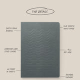 The Layflat Notebook Bundle (Series 2 - Set of 3) features dark gray dot grid notebooks with wavy embossed covers, Smyth sewn binding, 160 pages of 70lb smooth paper, rounded corners, and an embossed cardstock cover in a 6x8.5 size.