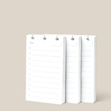 Three white Discbound Analog Refill notepads (3-pack), each with "Today" and a numbered to-do list with checkboxes and lines, stand upright on a beige background. Ideal for refilling your Discbound Analog system or using as Analog Cards.