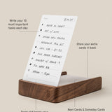 The Analog Daily Focus Kit (Walnut) features a wood card holder that displays handwritten task cards—the front slot is for Today Cards, extra cards fit in back, and the top divider holds Next and Someday Cards for intuitive productivity.