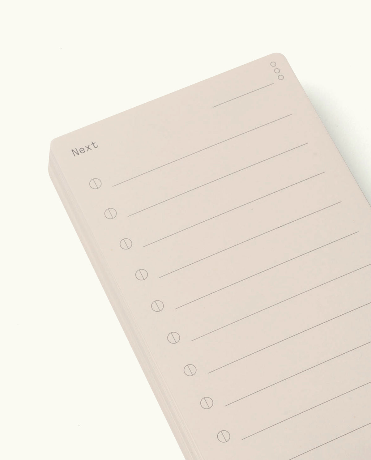 Analog - Next Cards (1-Pack): A minimal beige notepad labeled “Next” at the top, featuring a checklist layout with circles and lines—perfect for goal setting and staying organized in classic analog style.