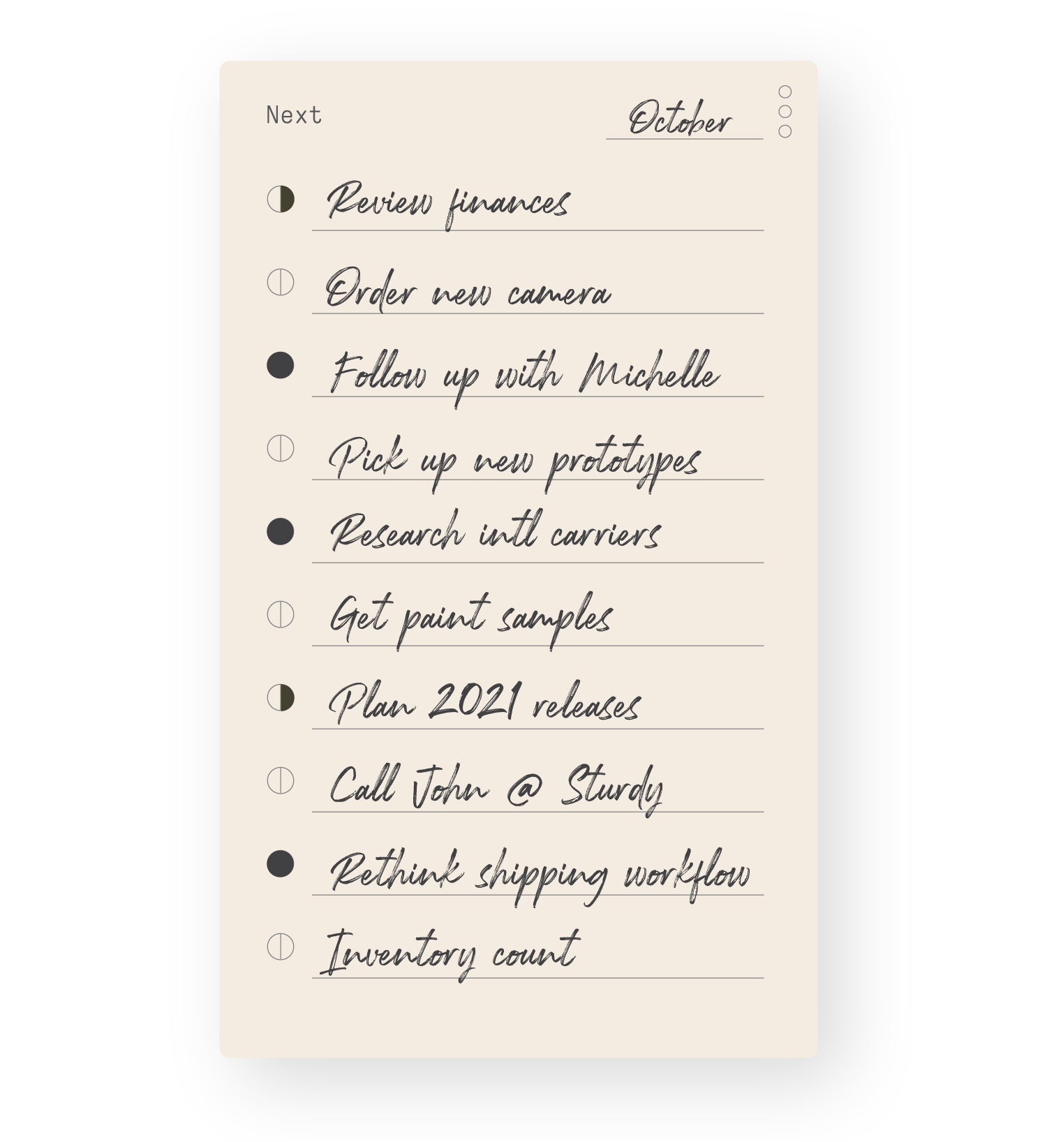 A handwritten to-do list for October includes tasks like reviewing finances, ordering a new camera, following up with Michelle, picking up new prototypes, and planning 2021 releases, among others.
