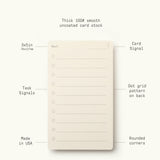 Analog – Next Cards (1-Pack) are cream-colored 3x5" cards with lines, rounded corners, a dot grid back, and signal dots. Made in the USA from smooth thick cardstock; each pack contains 50 goal-setting cards.