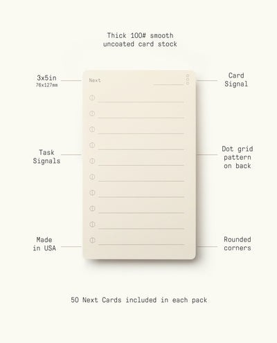 Analog – Next Cards (1-Pack) are cream-colored 3x5" cards with lines, rounded corners, a dot grid back, and signal dots. Made in the USA from smooth thick cardstock; each pack contains 50 goal-setting cards.