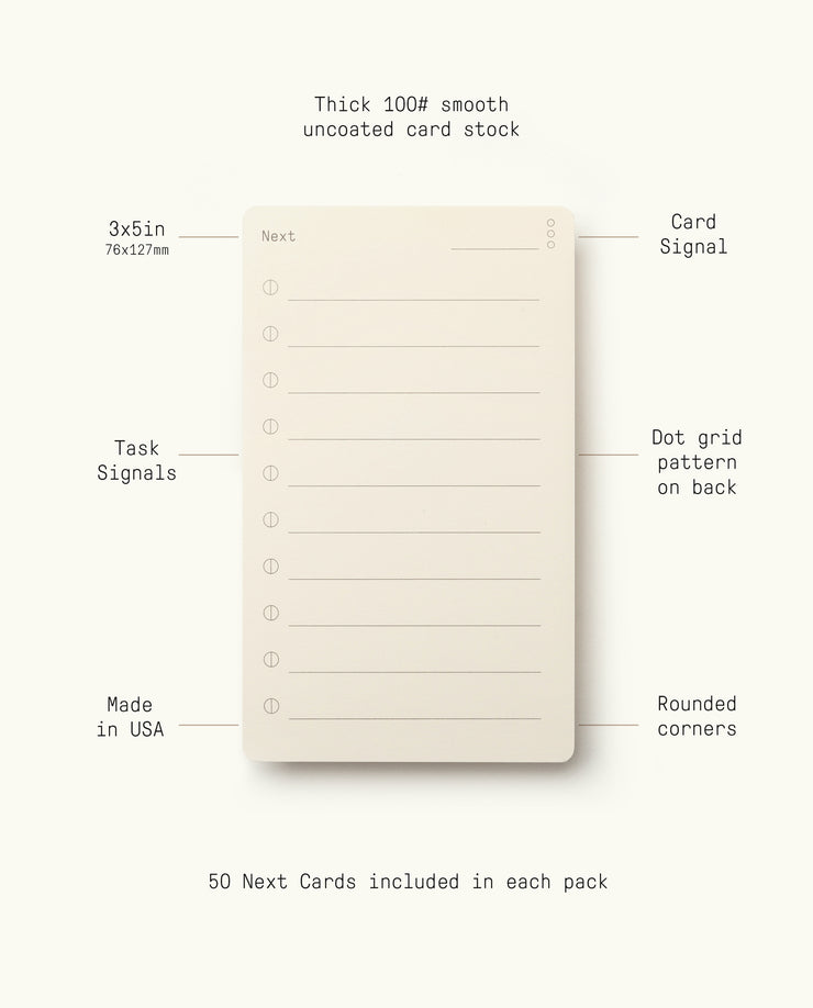 Analog – Next Cards (1-Pack) are cream-colored 3x5" cards with lines, rounded corners, a dot grid back, and signal dots. Made in the USA from smooth thick cardstock; each pack contains 50 goal-setting cards.