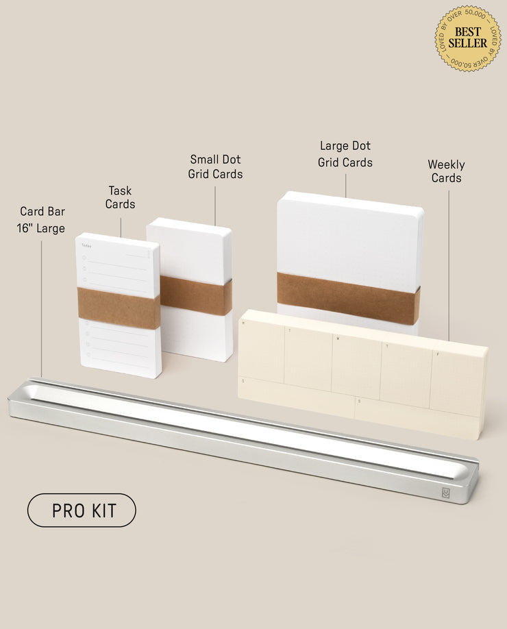 A photo of the Analog Card Bar - Pro Kit (Silver) showing task cards, small and large dot grid cards, and weekly cards, all displayed upright with a “Best Seller” badge in the top right corner.