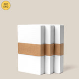 Three Analog Dot Grid Cards - Small (3-Pack) are shown stacked, each with white 3x5 dot grid pages and rounded corners. They’re wrapped in a brown paper band, feature a yellow “DOT GRID” circle, and are labeled “SMALL – 3 x 5” at the bottom.