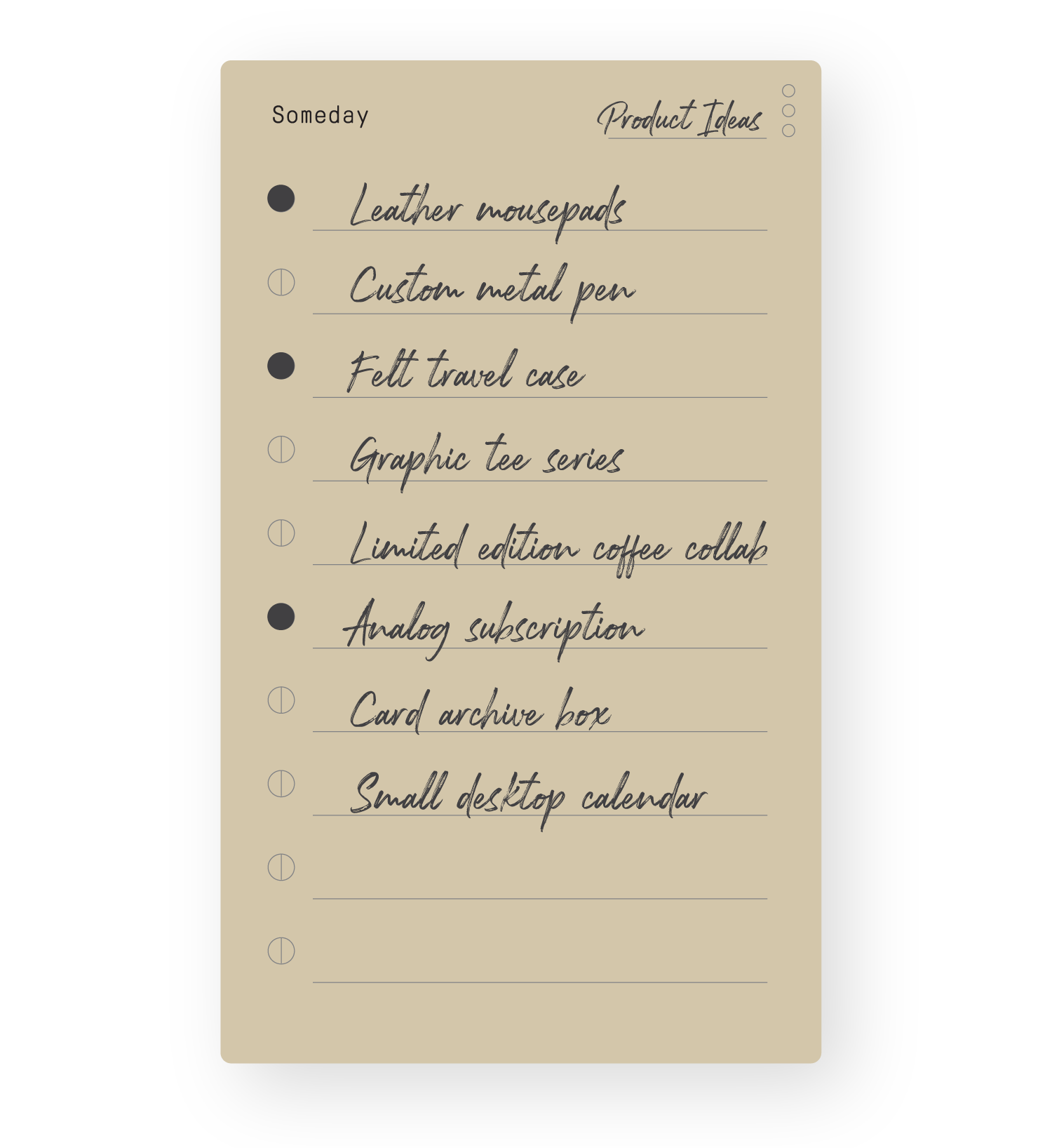 A beige notepad titled Someday Product Ideas lists items including leather mousepads, custom metal pen, felt travel case, graphic tee series, coffee collab, analog subscription, card archive box, and desktop calendar.