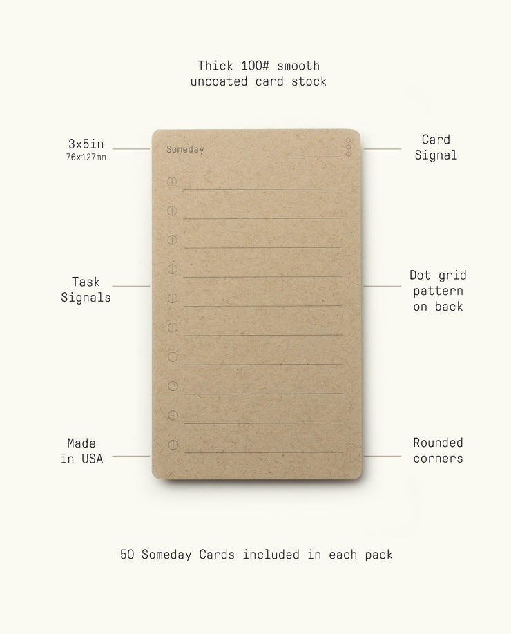 A brown, vertical Analog - Someday Card with horizontal lines and “Someday” label. Features 3x5" size, thick uncoated paper, dot grid back, rounded corners, made in USA. Each 3-pack includes 50 cards per pack.