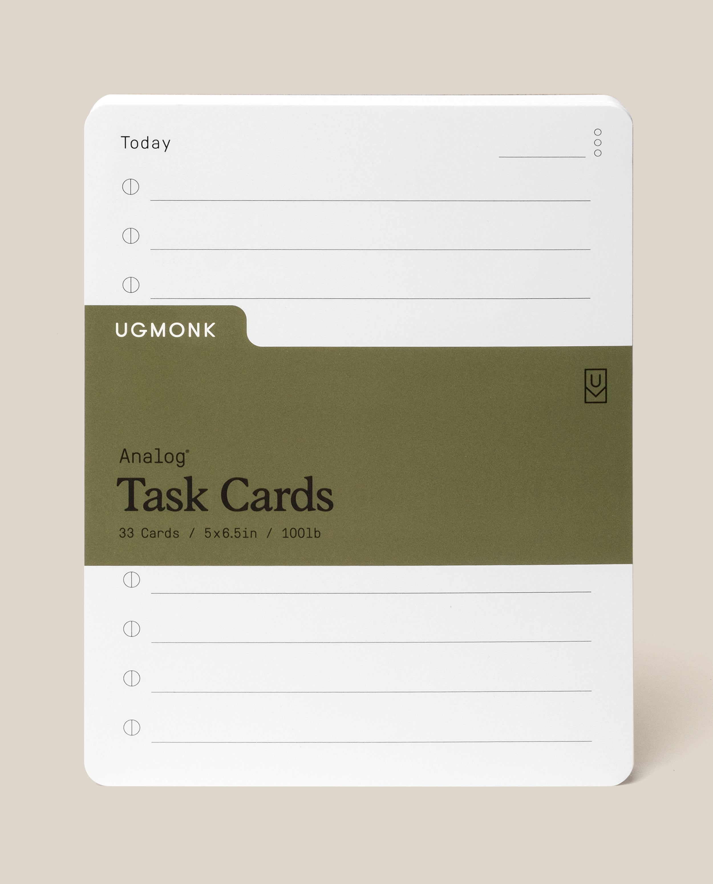 A stack of Analog Task Cards - Large made from uncoated cardstock, held by an olive green band, features checkboxes and lines for jotting tasks or ideas. The visible card is labeled “Today” and rests on a neutral background.