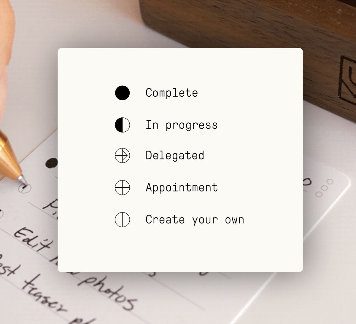 A chart explains symbols: a filled circle for Complete, a half-filled circle for In progress, a cross for Delegated, a circle with a plus sign for Appointment, and an empty circle for Create your own.