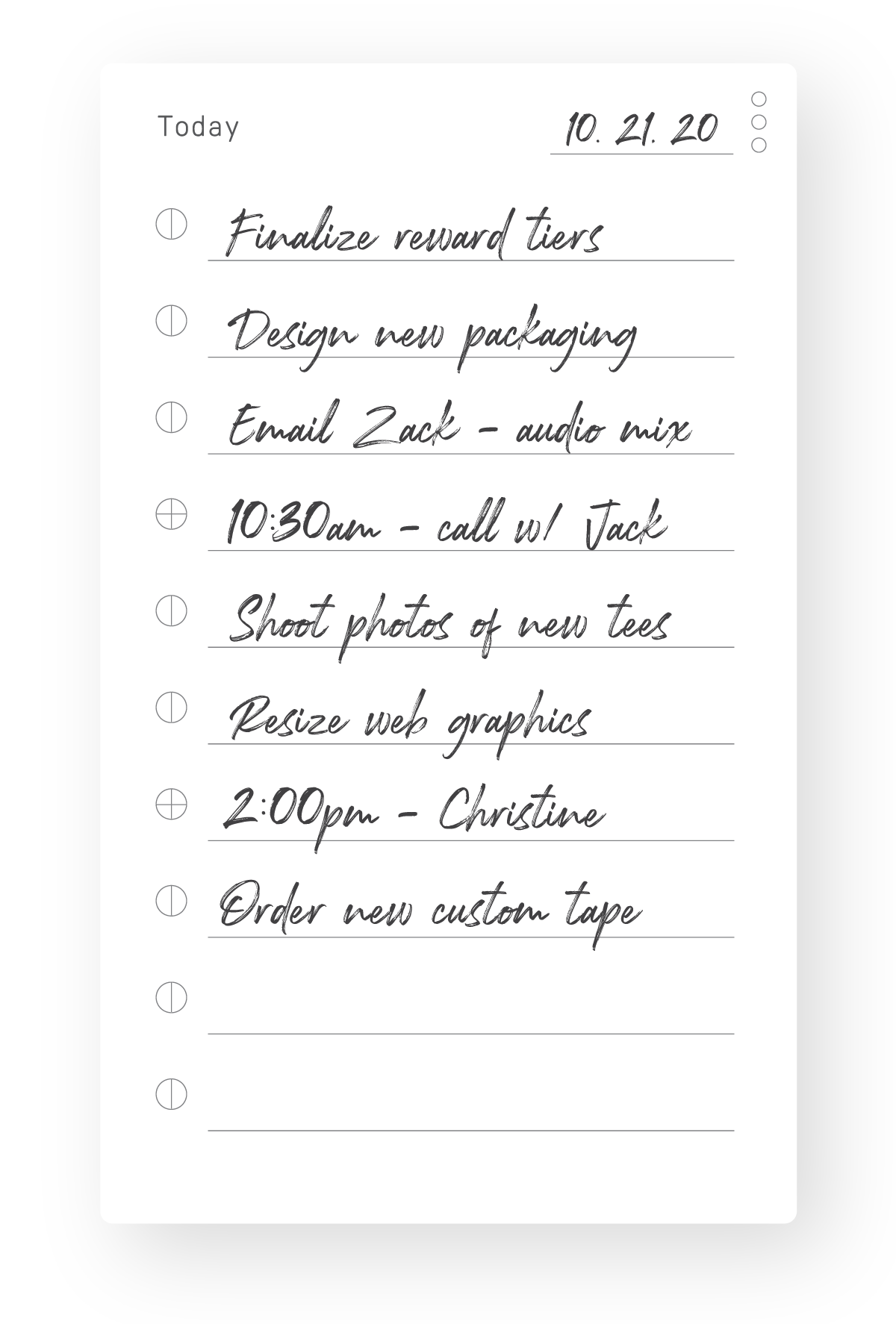 A handwritten to-do list dated 10.21.20 with tasks including finalizing reward tiers, designing packaging, emailing Zack, a 10:30am call with Jack, photo shoot, resizing graphics, 2pm meeting with Christine, and ordering tape.