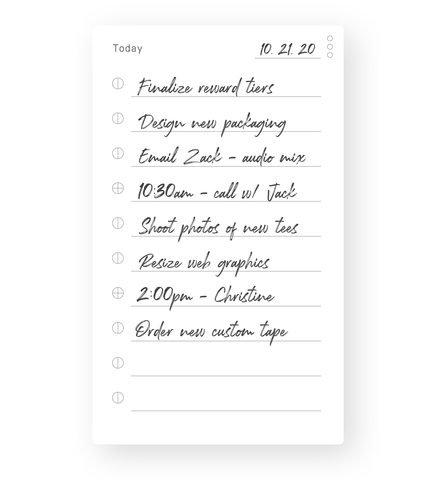A handwritten to-do list for 10.21.20 includes tasks like finalizing reward tiers, designing packaging, emailing Zack, calling Jack, photographing new tees, resizing graphics, meeting Christine at 2:00pm, and ordering custom tape.