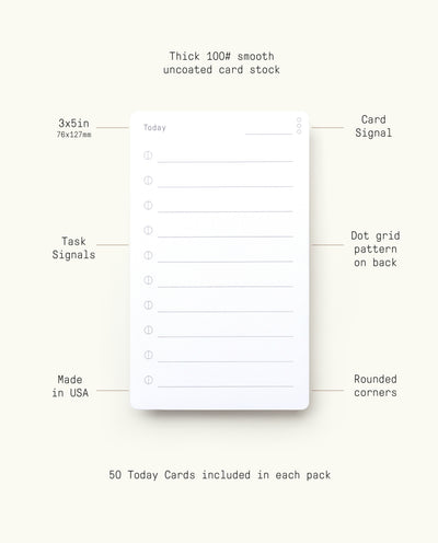 Analog Today Cards (12-Pack) are premium white 3x5 inch note cards, made in the USA with thick, smooth card stock. Features include card signals, task signals, dot grid back, and rounded corners—ideal for organizing daily tasks.