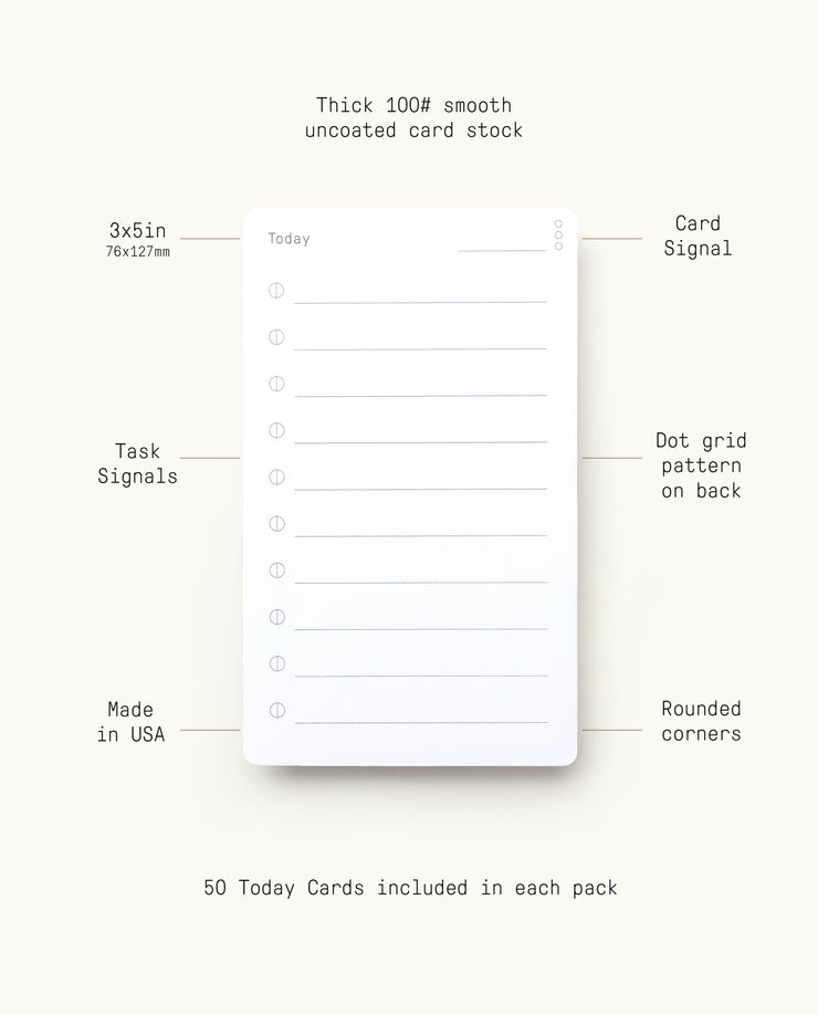 Analog Today Cards (12-Pack) are premium white 3x5 inch note cards, made in the USA with thick, smooth card stock. Features include card signals, task signals, dot grid back, and rounded corners—ideal for organizing daily tasks.
