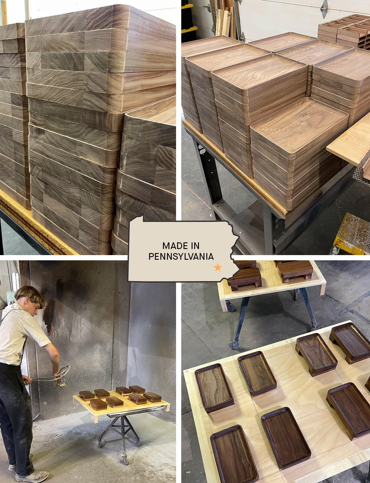 Four images show stacks of small walnut Valet Trays, a worker applying finish, and trays drying. In the center, a graphic of Pennsylvania reads "Made in Pennsylvania," highlighting our handcrafted everyday carry storage.