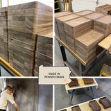 Collage of four images: stacked maple Round Valet Trays (Large), trays on a table, spray-finishing in progress, and finished trays drying. Center overlay reads "Made in Pennsylvania" with state outline and star.