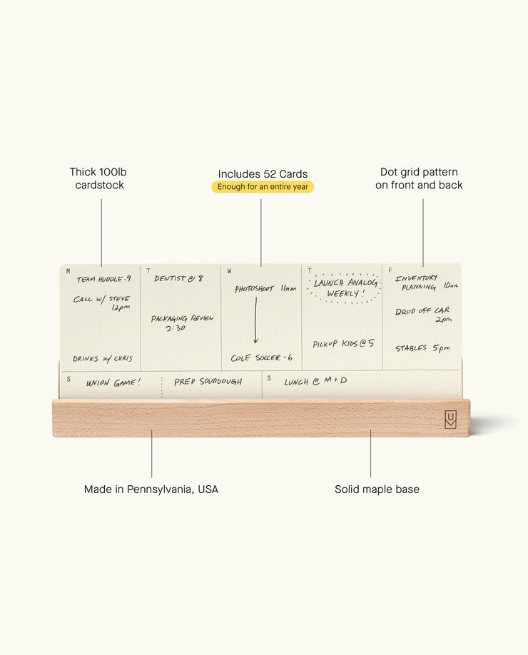 The Analog Weekly Planning Kit (Maple) includes 52 thick dot-grid planner cards and a solid maple holder. Made in Pennsylvania, it provides space for notes and daily tasks to keep your week organized.