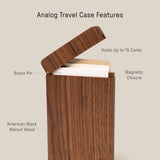 The Analog Bundle (Walnut) is an American Black Walnut card holder with open lid, magnetic closure, brass pin, and a front slot for displaying cards. Holds up to 15 cards—ideal for your Analog kit.