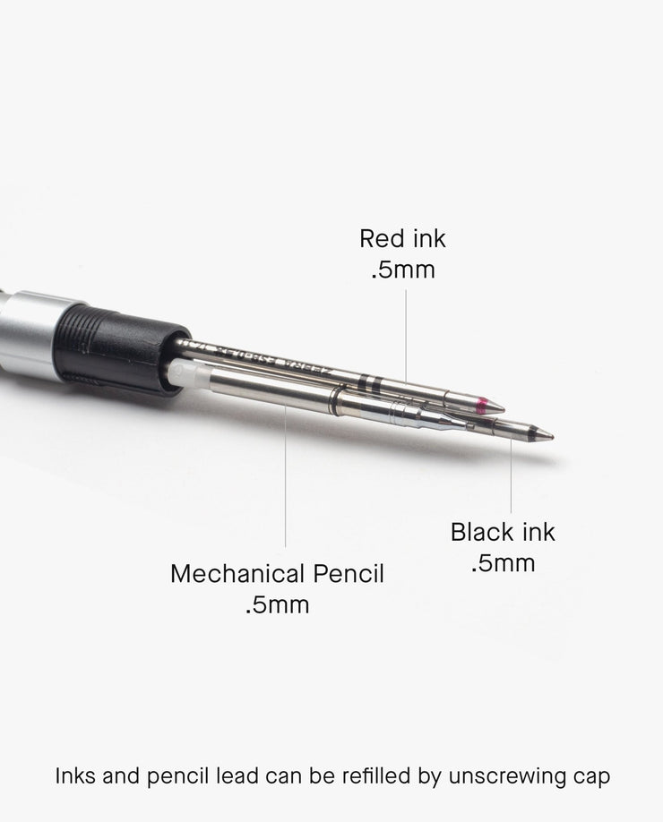 Close-up of the Craft Design Technology Multifunctional Pen displays labeled components: 0.5mm red ink refill, 0.5mm mechanical pencil, and 0.5mm black ink refill—text below notes its refillable convenience.