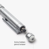 The Craft Design Technology Multifunctional Pen features a removable end cap with a labeled eraser and an extra hidden eraser inside the body, providing smart multifunctionality for added convenience.