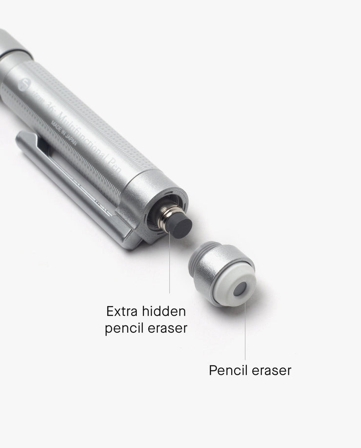 The Craft Design Technology Multifunctional Pen features a removable end cap with a labeled eraser and an extra hidden eraser inside the body, providing smart multifunctionality for added convenience.