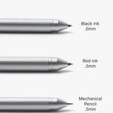 Three metallic Craft Design Technology Multifunctional Pens display black ink 0.5mm, red ink 0.5mm, and a 0.5mm mechanical pencil. Caption: Switch functions easily by twisting the barrel of this multifunctional pen.