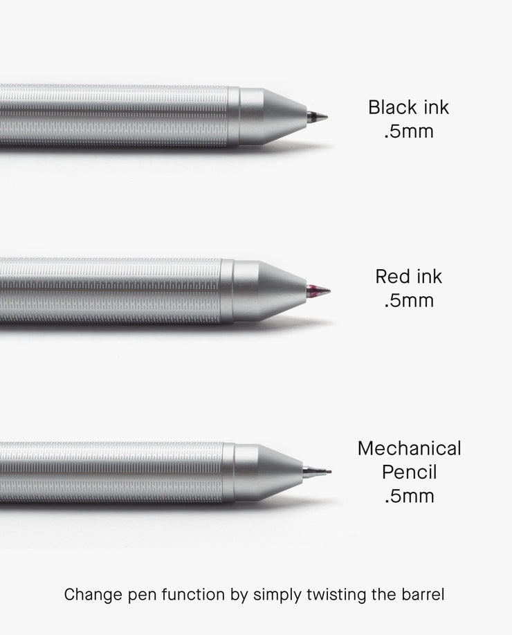 Three metallic Craft Design Technology Multifunctional Pens display black ink 0.5mm, red ink 0.5mm, and a 0.5mm mechanical pencil. Caption: Switch functions easily by twisting the barrel of this multifunctional pen.