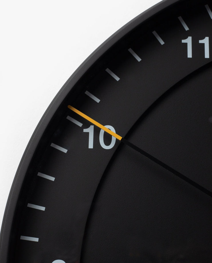 A close-up of the Braun Wall Clock (Black), celebrated for its minimalist design and easy-to-read clock face.