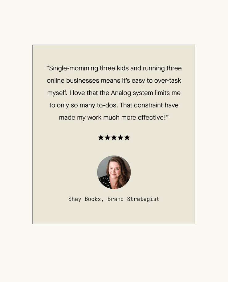 A testimonial quote about time management from Shay Bocks, Brand Strategist, with her photo below the quote, five stars above her name, and a light beige background. Features the Analog Premium Starter Kit (Walnut) as a practical task organizer to boost productivity.