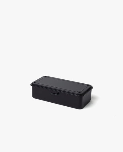 The Toyo Steel Stackable Storage Box T-190 (Black) is a small, rectangular steel toolbox with a fitted lid. Made in Japan, it features a sleek black finish and is shown on a plain white background.
