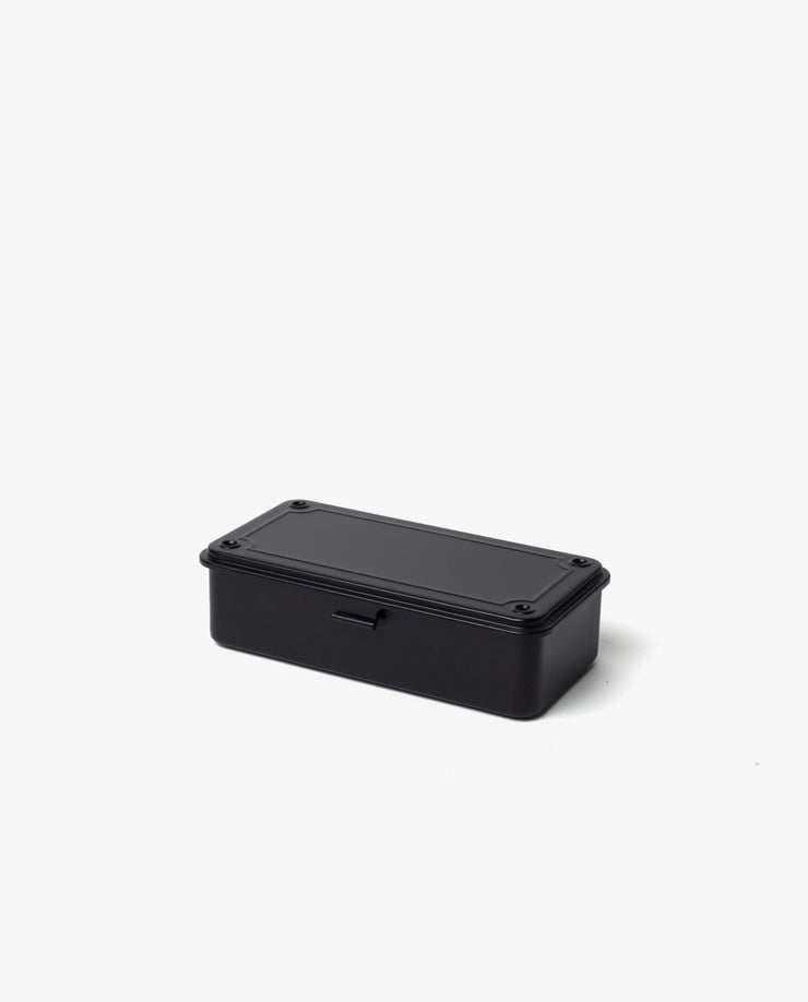 The Toyo Steel Stackable Storage Box T-190 (Black) is a small, rectangular steel toolbox with a fitted lid. Made in Japan, it features a sleek black finish and is shown on a plain white background.