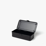 The Toyo Steel Stackable Storage Box T-190 (Black) is a rectangular steel toolbox with rounded edges and an open hinged lid, shown on a plain white background. Made in Japan, it combines style and durability.
