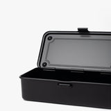 The Toyo Steel Stackable Storage Box T-190 (Black) is a black rectangular steel toolbox with a hinged lid open, showing an empty interior, set against a plain white background.