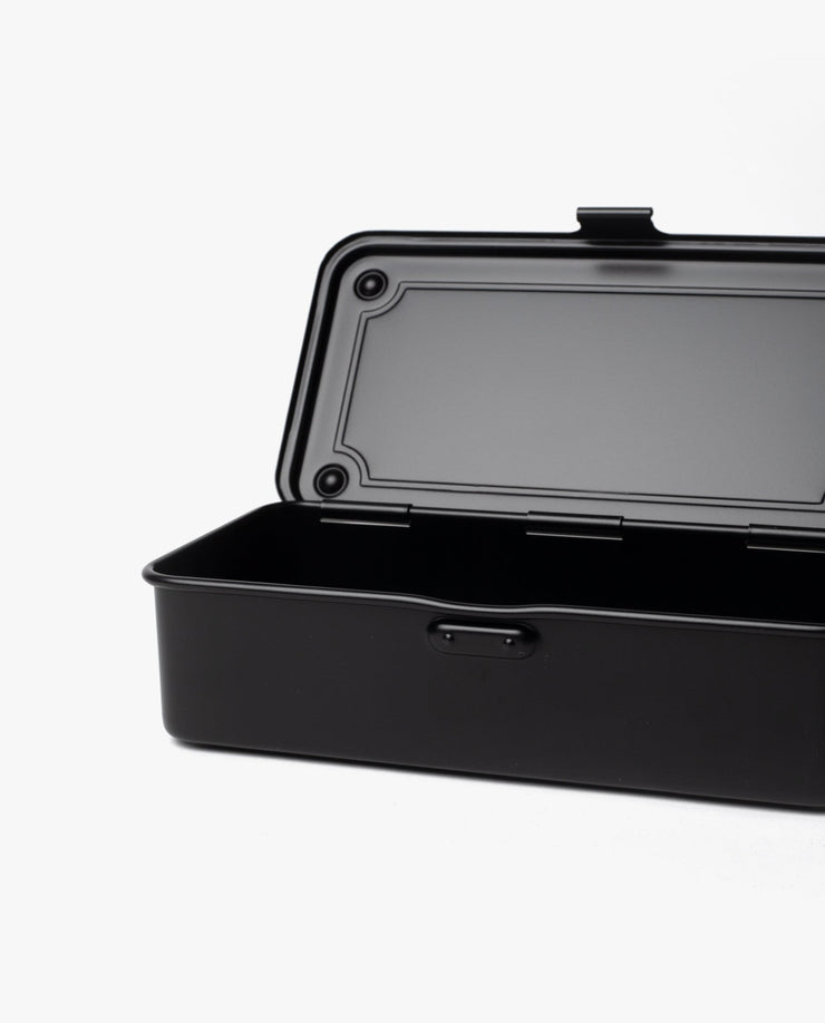 The Toyo Steel Stackable Storage Box T-190 (Black) is a black rectangular steel toolbox with a hinged lid open, showing an empty interior, set against a plain white background.