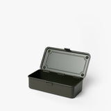 The Toyo Steel Stackable Storage Box T-190 (Military Green), made in Japan, features a rectangular steel design with a hinged lid open to reveal an empty interior. The box sits on a plain white background.