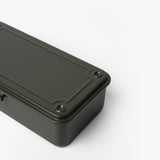 A Toyo Steel Stackable Storage Box T-190 in Military Green, made in Japan with a fitted lid and rounded corners, is partially visible on a white background.