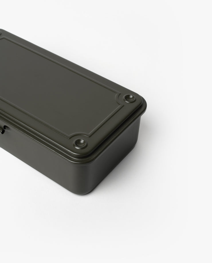 A Toyo Steel Stackable Storage Box T-190 in Military Green, made in Japan with a fitted lid and rounded corners, is partially visible on a white background.