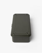 The Toyo Steel Stackable Storage Box T-190 in Military Green, made in Japan, features a rectangular shape, hinged lid, and decorative edges, shown on a white background.