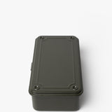 The Toyo Steel Stackable Storage Box T-190 in Military Green, made in Japan, features a rectangular shape, hinged lid, and decorative edges, shown on a white background.