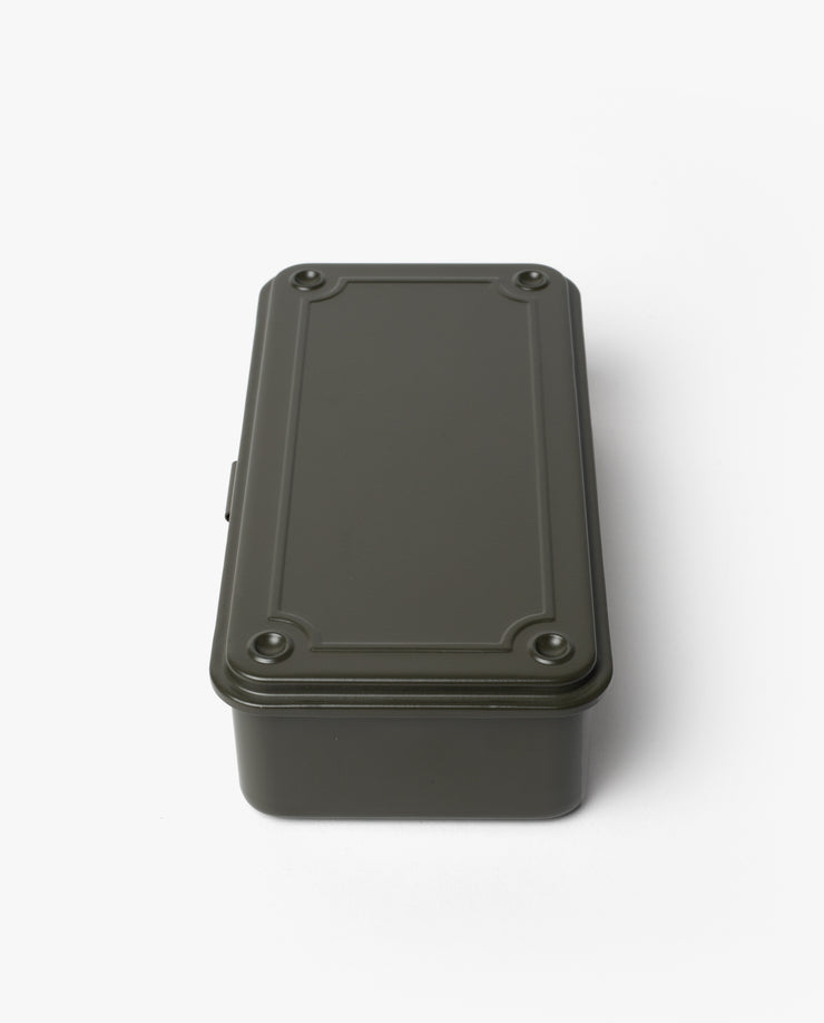The Toyo Steel Stackable Storage Box T-190 in Military Green, made in Japan, features a rectangular shape, hinged lid, and decorative edges, shown on a white background.