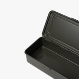 A Toyo Steel Stackable Storage Box T-190 in Military Green, made in Japan from stackable steel with rounded edges and an open hinged lid, is shown empty against a plain white background.