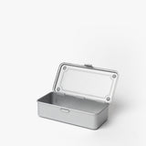 The Toyo Steel Stackable Storage Box T-190 (Silver) is a rectangular, minimalist steel toolbox from Japan with a hinged lid and smooth edges. Shown empty on a plain white background, it features stackable design for versatile storage.