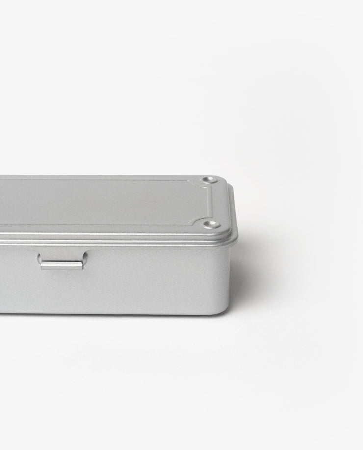 The Toyo Steel Stackable Storage Box T-190 (Silver), made in Japan, is shown partially with the right side cut off, against a plain white background.