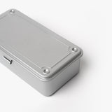 The Toyo Steel Stackable Storage Box T-190 (Silver), made in Japan, is a rectangular steel box with rounded edges and four raised studs on the lid, shown resting on a white background.