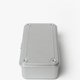 A silver Toyo Steel Stackable Storage Box T-190, made in Japan with a rectangular shape, rounded corners, and four screw details on the lid, shown on a white background.