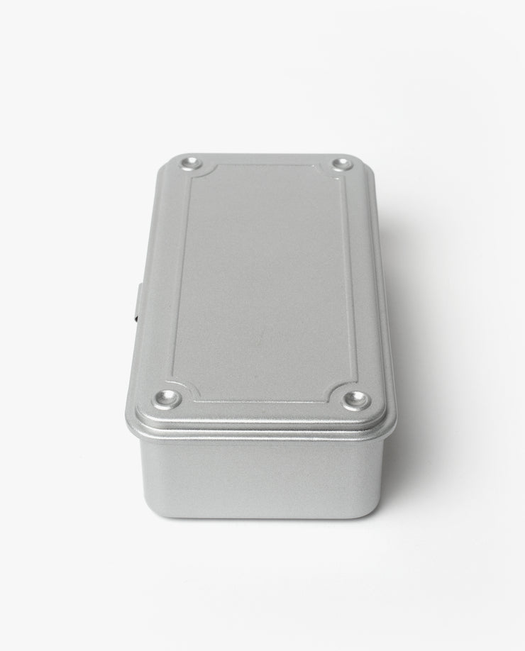 A silver Toyo Steel Stackable Storage Box T-190, made in Japan with a rectangular shape, rounded corners, and four screw details on the lid, shown on a white background.