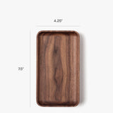 The Valet Tray (Walnut - Small) is a handcrafted rectangular tray from Pennsylvania, measuring 7.5" x 4.25" with rounded corners—perfect for everyday carry items and shown on a white background with measurement lines.